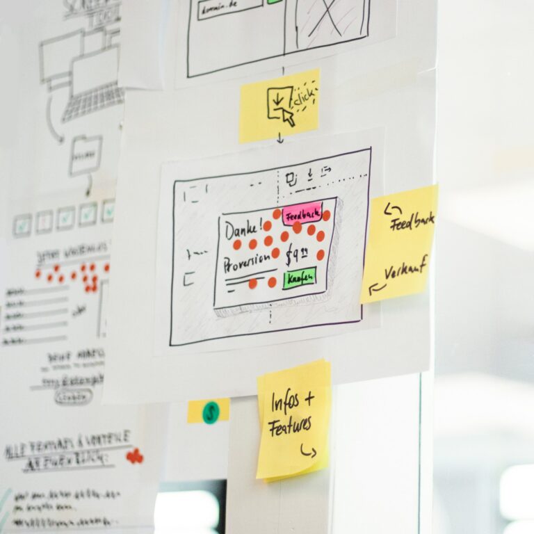 Hand-drawn website wireframes with yellow sticky notes on a glass office wall, representing MVP and product planning