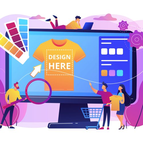 T-shirt print on demand services. Promotional apparel design. Merch clothing, custom merchandise products, merch design service concept. Bright vibrant violet vector isolated illustration