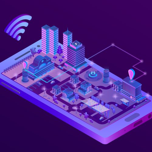 Vector 3d isometric smart city on smartphone screen, town map with navigation markers in ultra violet colors. Wireless internet technologies, mobile gps application and tracking concept illustration